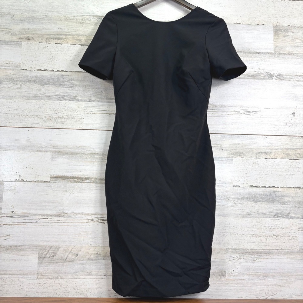 Zara Woman Black Sheath Dress Short Sleeve V-Back‎ Strappy Size M Knee Length